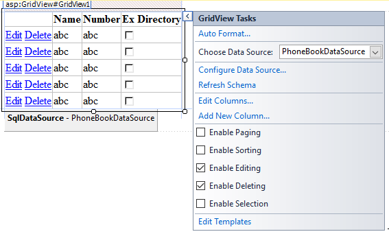 enabling editing and selection for a gridview