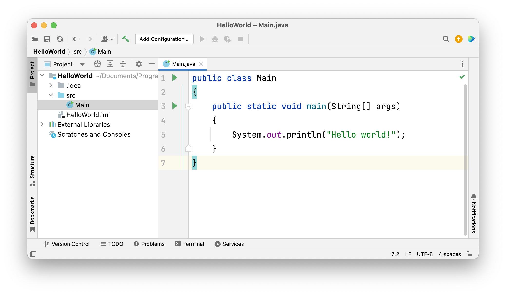 IntelliJ project showing a main class with boilerplate code