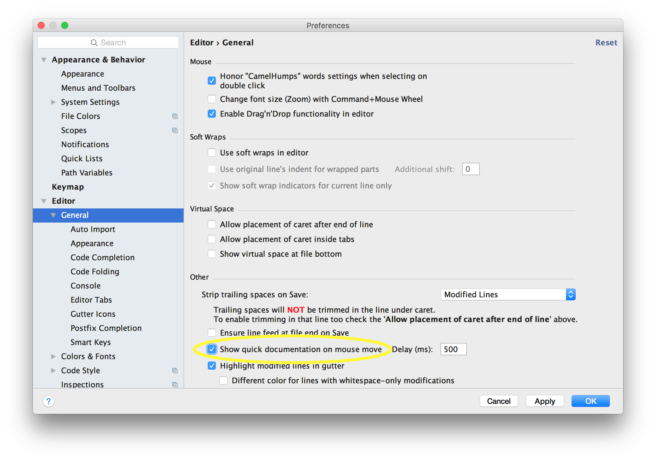 screenshot showing how to enable quick documetation in IntelliJ IDEA preferences