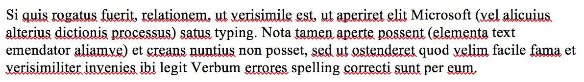 Latin text in a word processor showing spelling mistakes