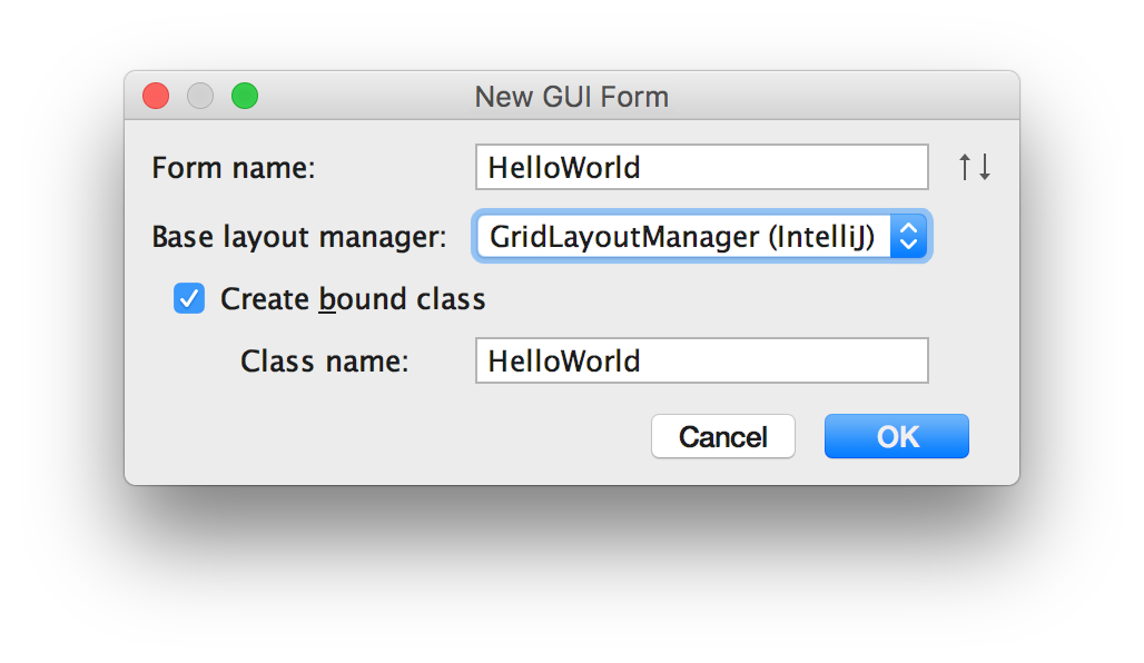 IntelliJ form configuration dialogue box showing GridLayoutManager selected and the bound class optioned enabled with the same name