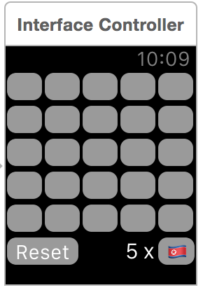 WatchKit interface with 5x5 grid of buttons, reset button, flag button and label showing how many flags remaining