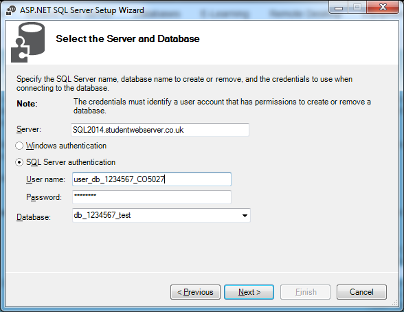 Dialogue box showing how to connect to a SQL server