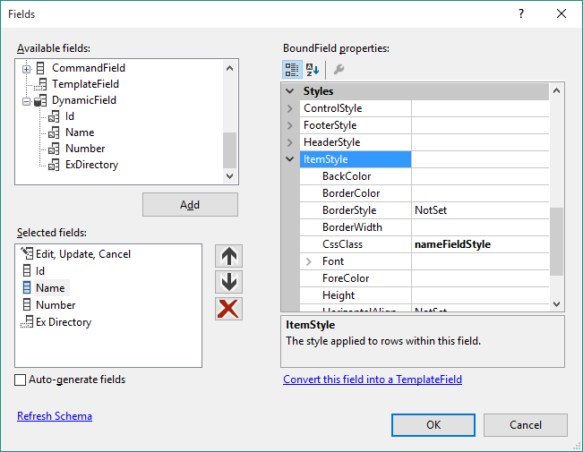 setting styles for gridview column table cells