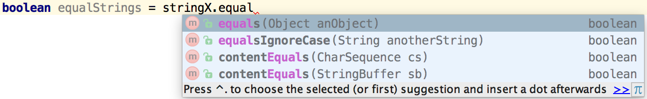 Code completion showing return type for String\'s equals method